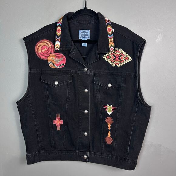 Western Denim Vest Embroidered Aztec Kachina Black XL Cambridge Goods Oversized - Picture 1 of 9